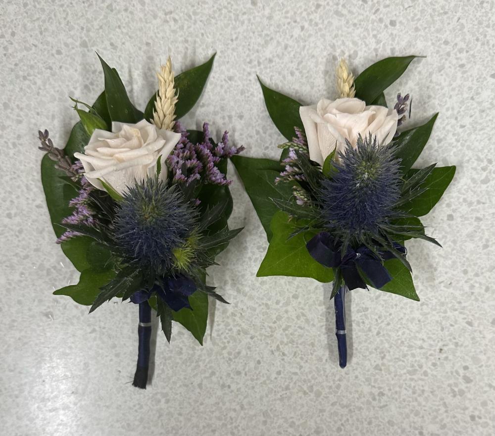 Gents Buttonholes with fresh thistle and rose, with dried lavender and wheat