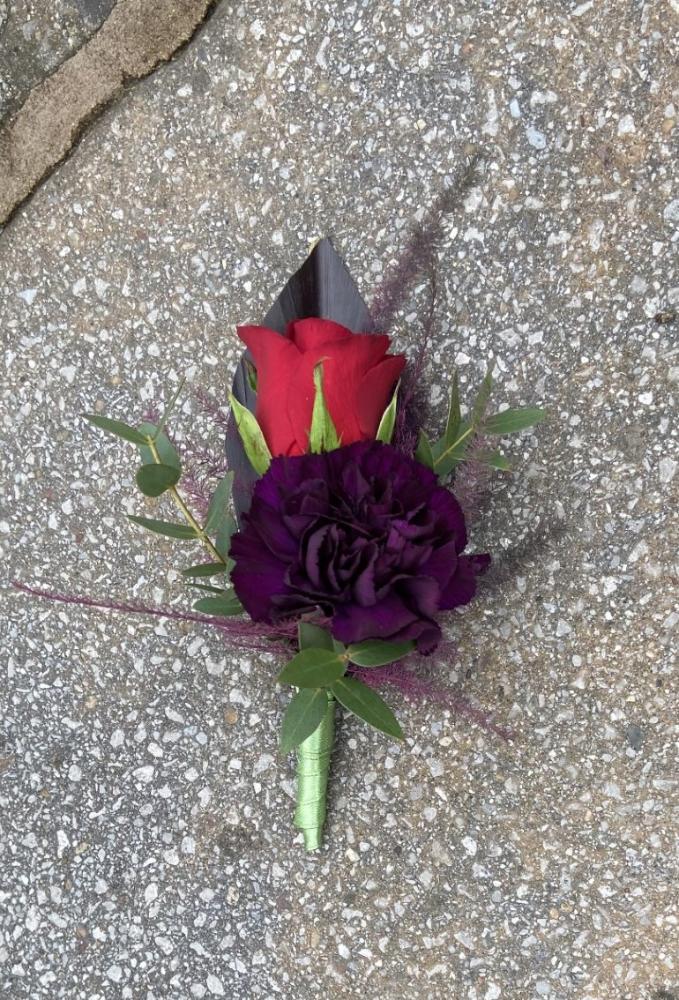 Gents Buttonhole with Red Rose and Purple Carnation